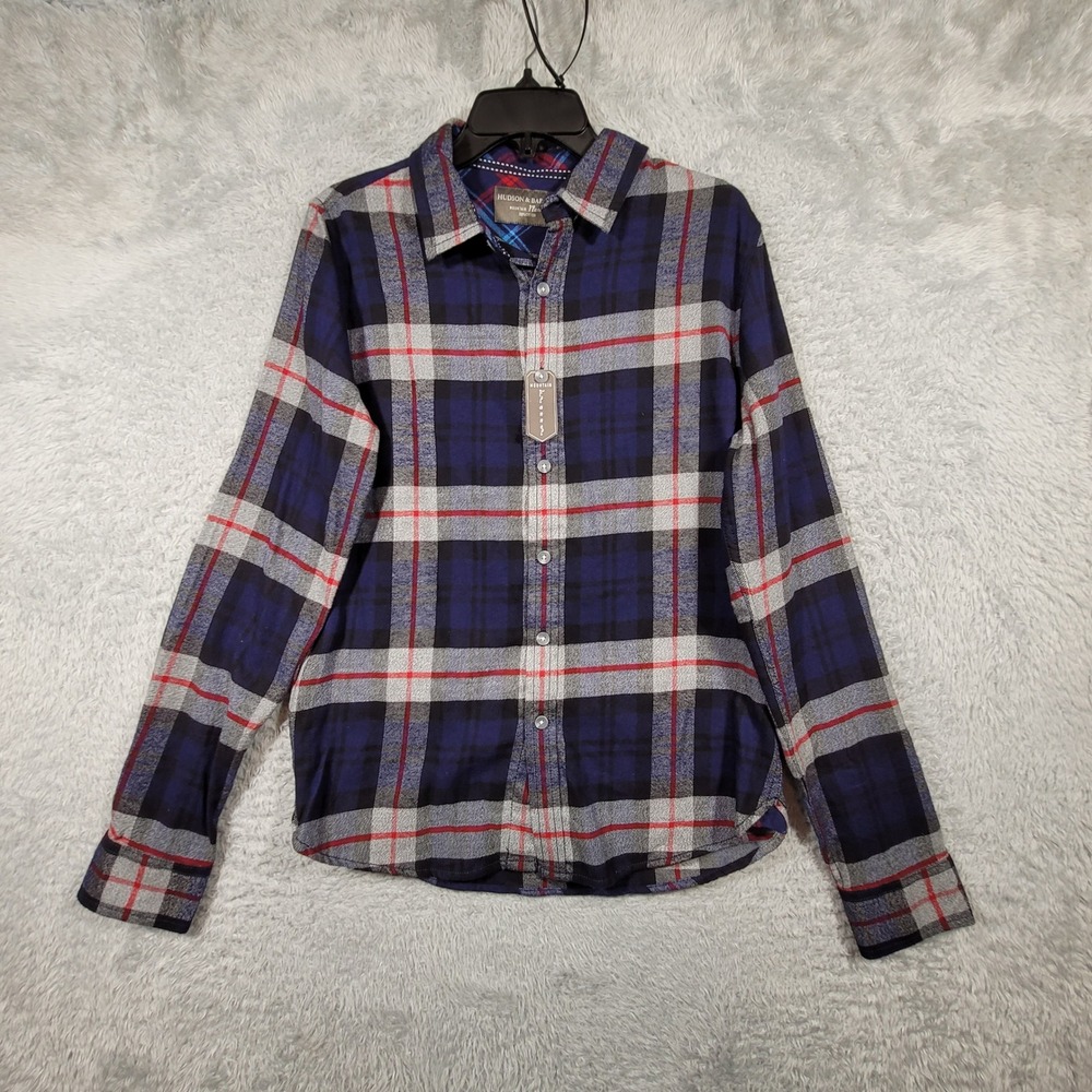 Hudson & Barrow Flannel Shirt Mens Medium Blue Plaid Mountain‎ 100% Cotton